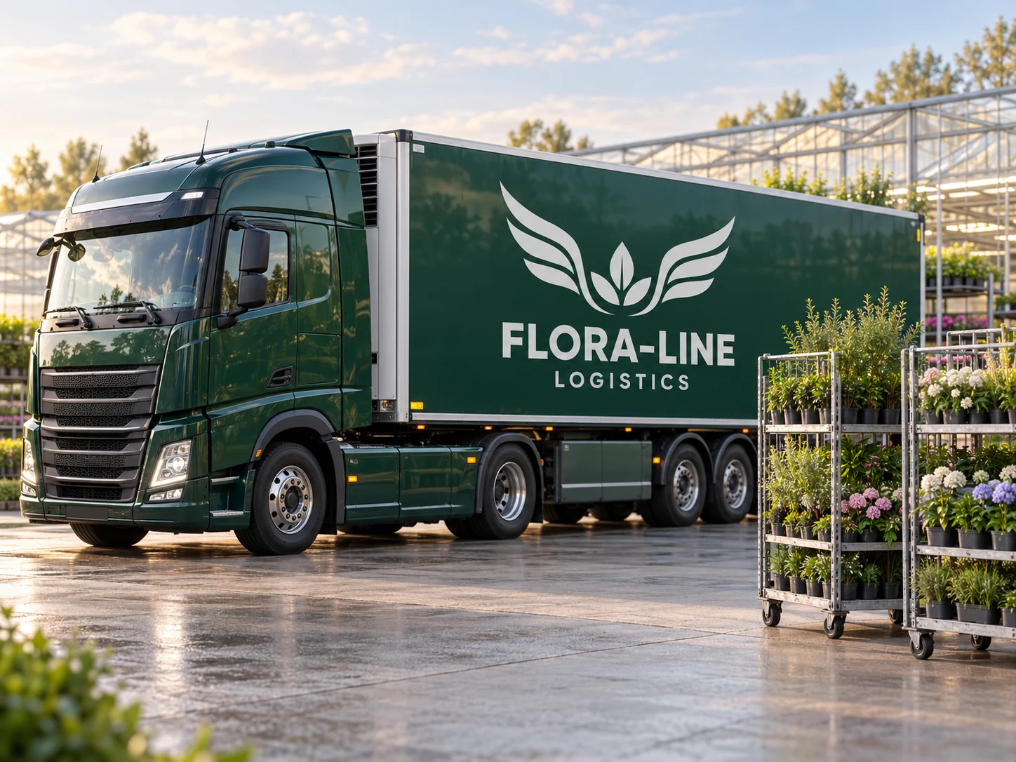 Camion Flora-Line verde con fiori e piante su carrelli da trasporto — illustrazione generata con IA